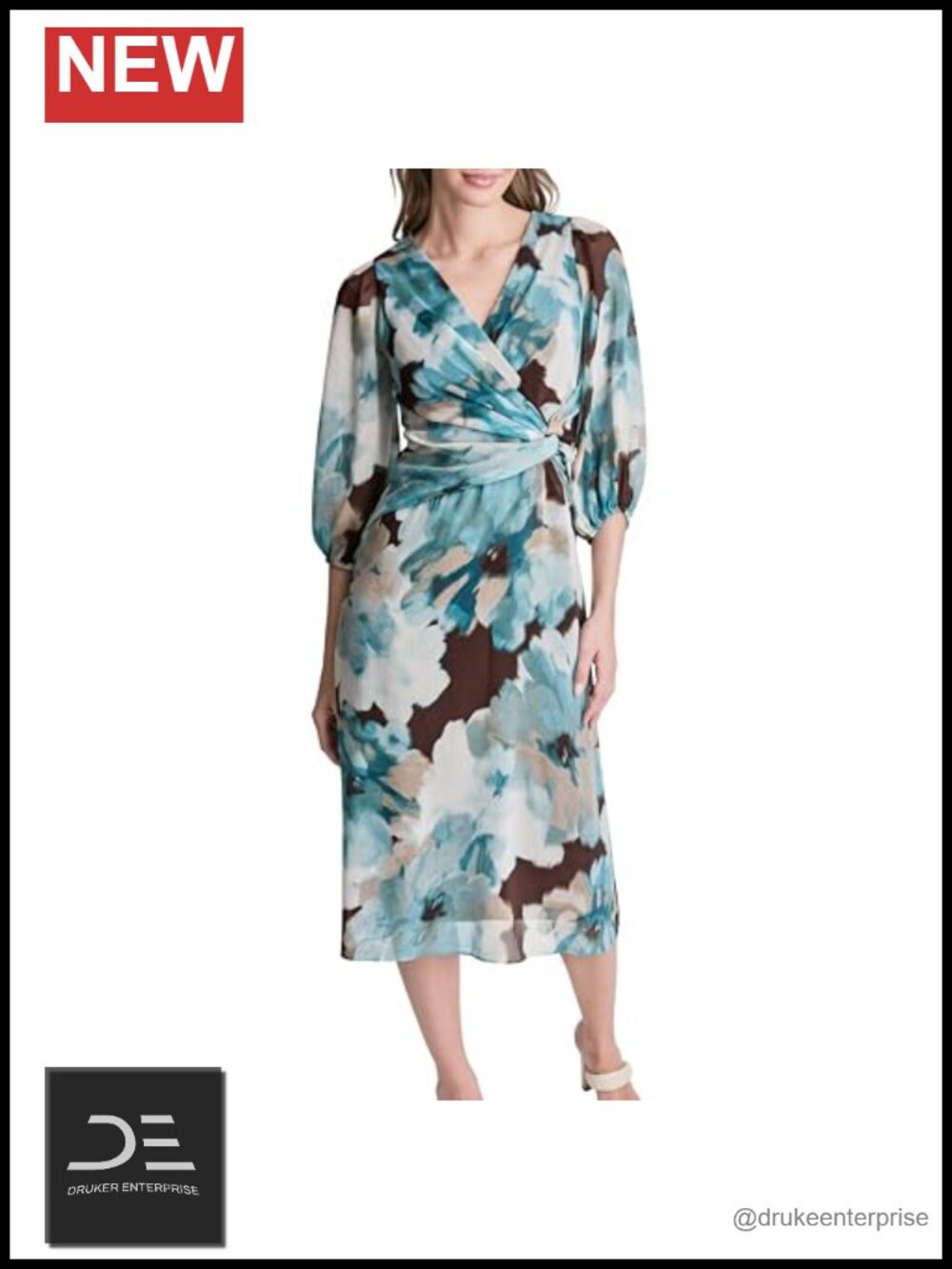 3/4 Balloon Sleeve Surplice Neck Chiffon Fit and Flare Midi Dress